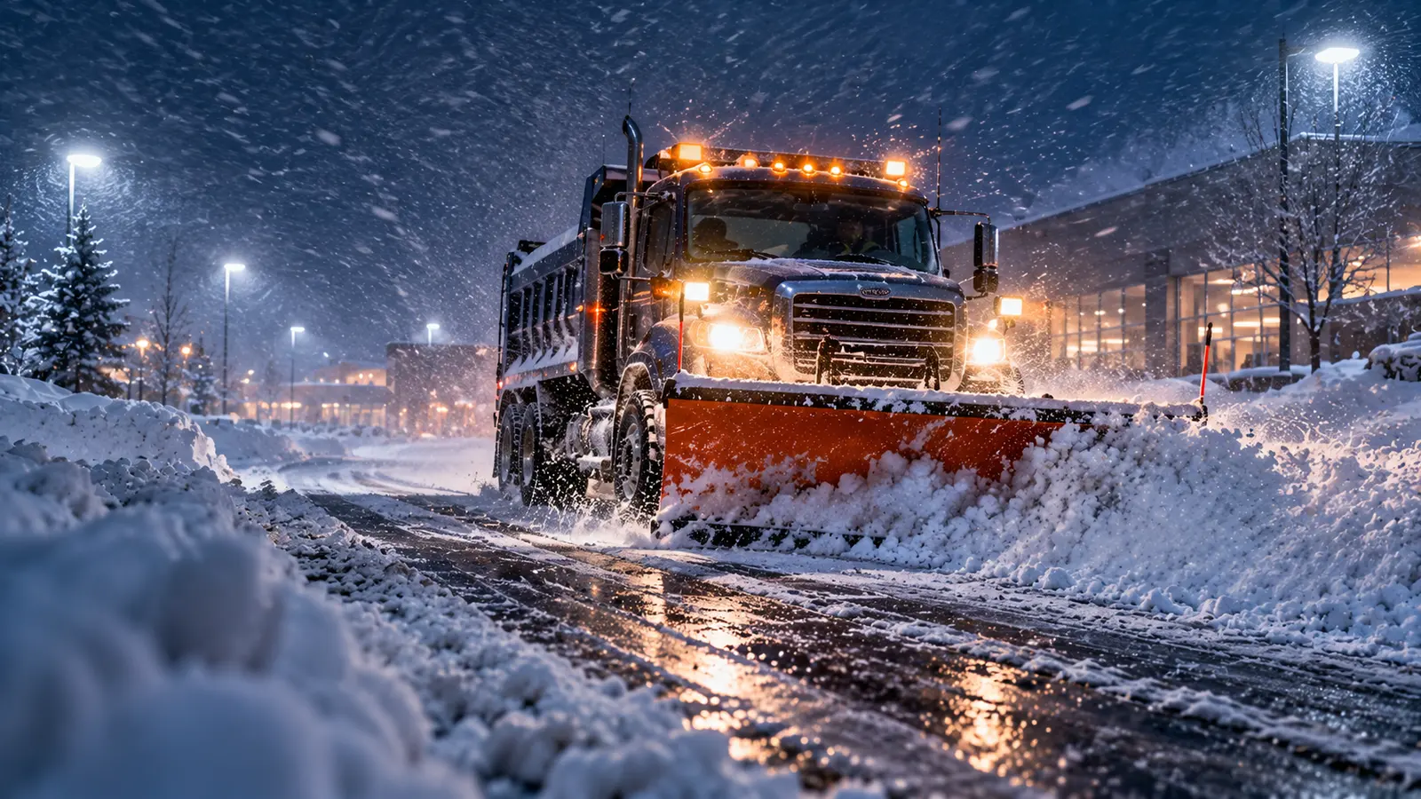 AI-generated illustration of a heavy-duty snowplow clearing an access road during a blizzard