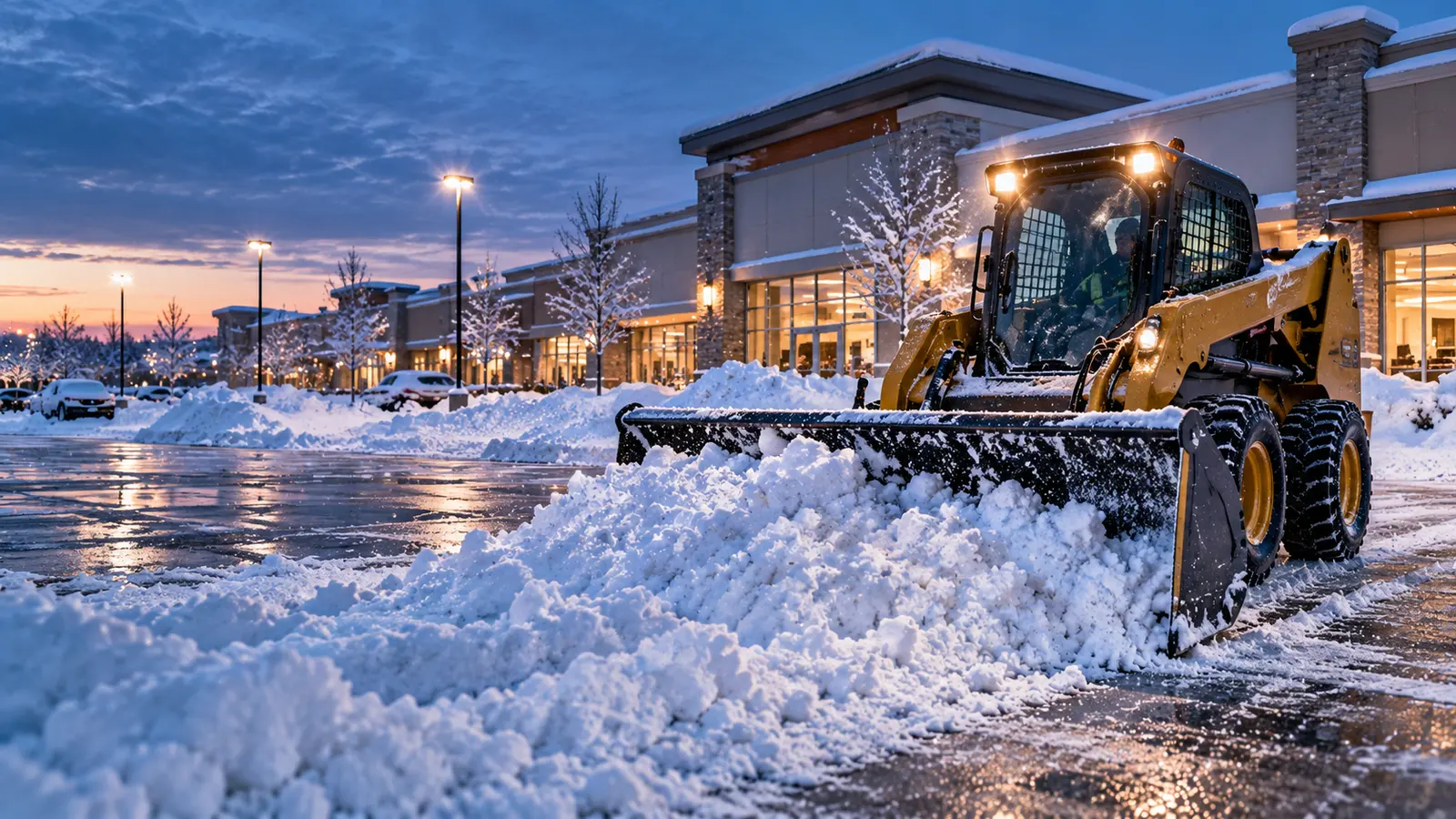 AI-generated illustration of a yellow skid steer clearing snow in a retail plaza parking lot