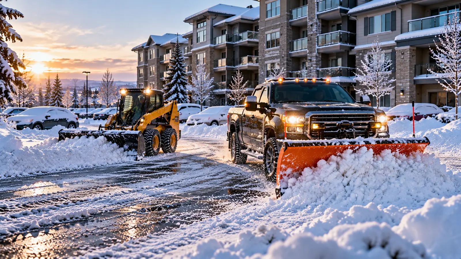 AI-generated illustration of a pickup snowplow and skid steer clearing a condominium parking lot