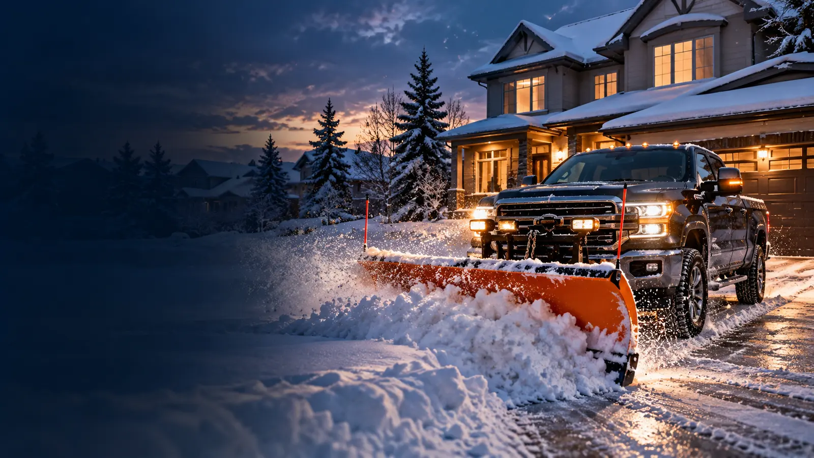 AI-generated illustration of a black pickup with an orange snowplow clearing a snowy residential driveway at blue hour