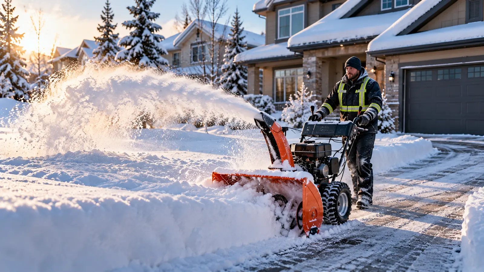 AI-generated illustration of a winter operator using an orange snowblower outside a suburban Calgary-style home